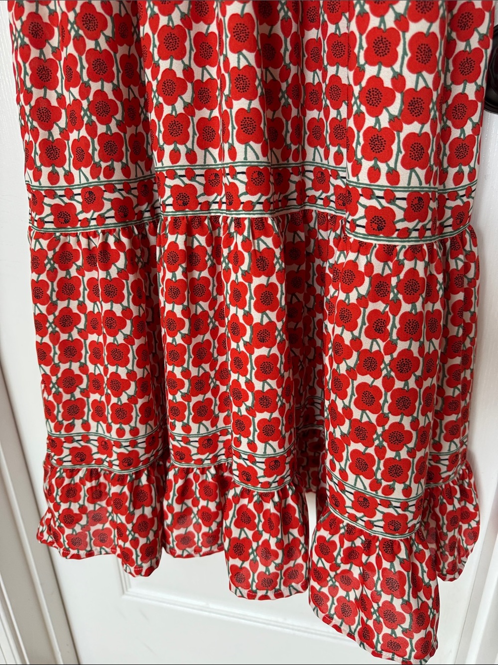 Max Studio Red Floral Smocked Midi Dress with Ruffle Tiers - Picture 5 of 6